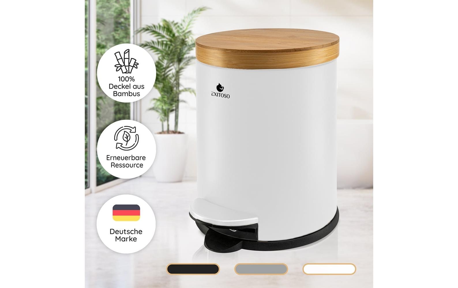 Tretmülleimer mit Softclose-Deckel 5 l, WeissAbfalleimer aus Bambus