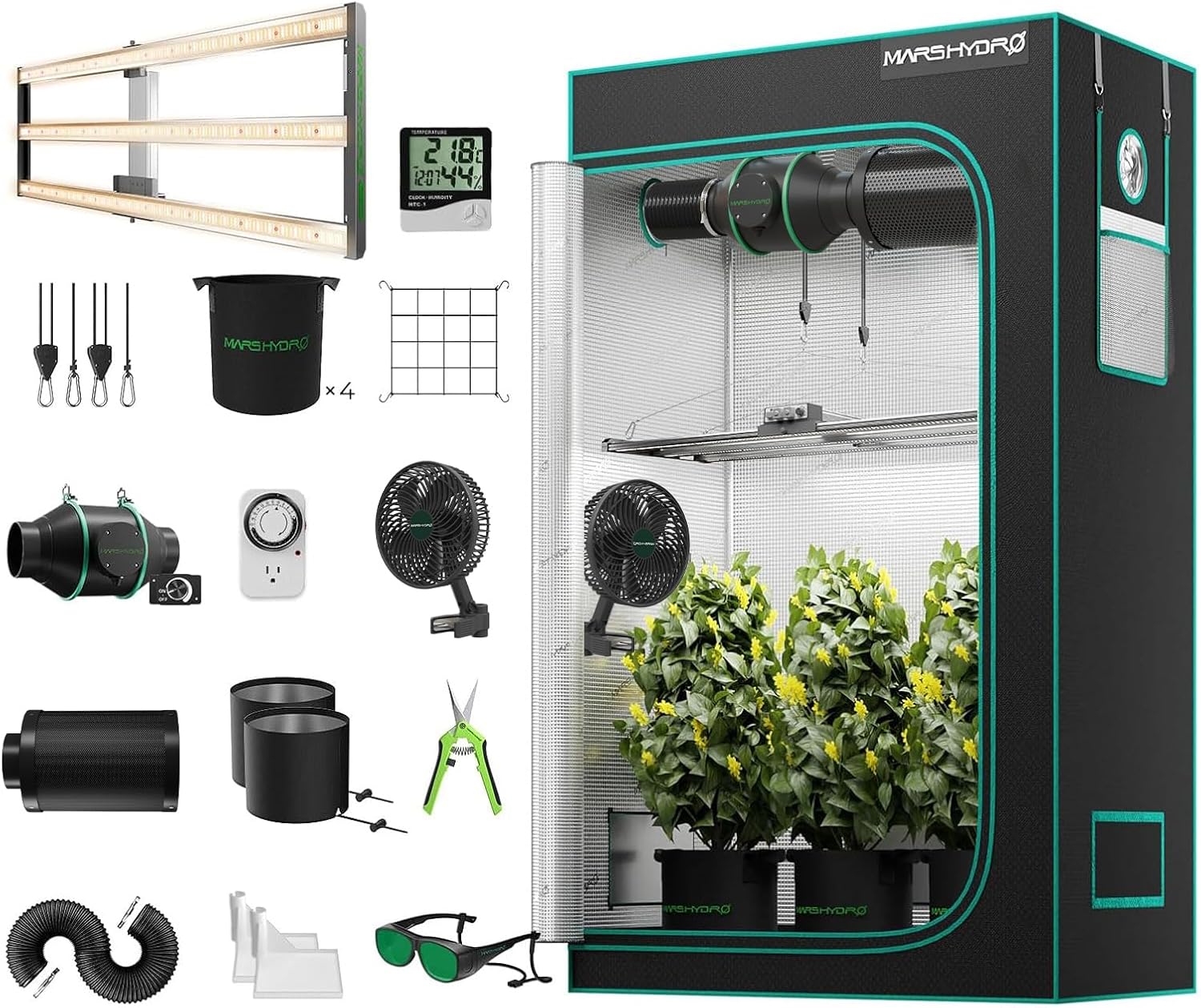 MARS HYDRO Growzelt Komplettset mit FC4000 Samsung LM301H App-Regelung Dimmbarer LED Grow Lampe,120X60X180cm 1680D Hoch Reflektierend Mylar Grow Box Komplettset,4