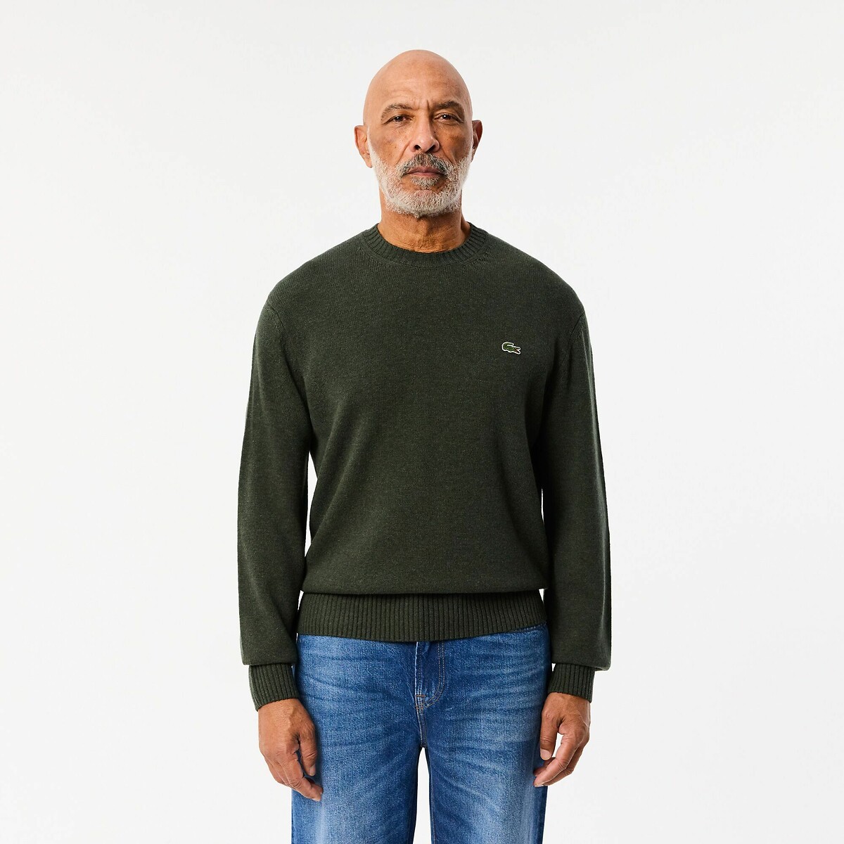 LACOSTE<br>Suéter liso de gola redonda em malha de lã cardada