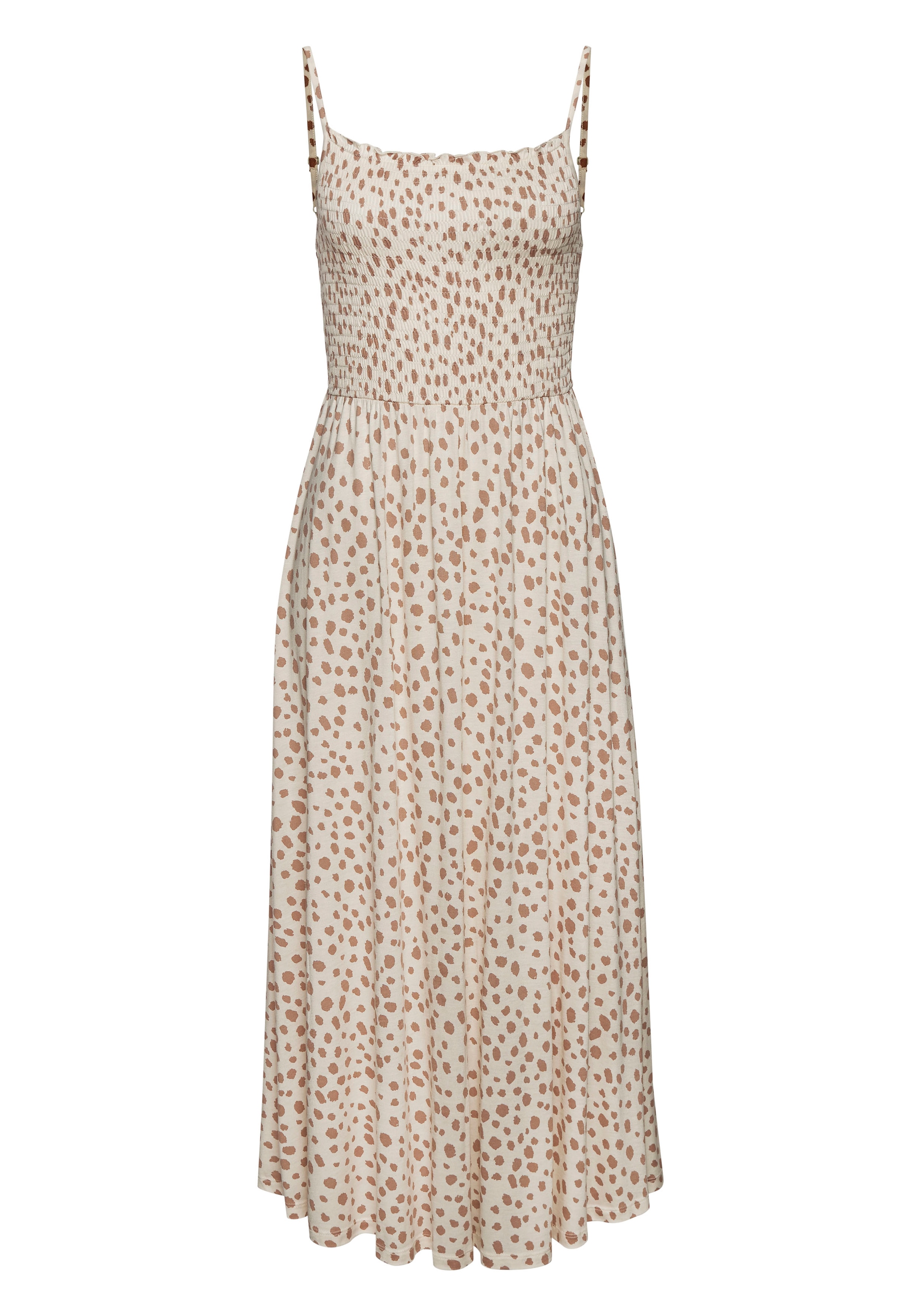 LASCANA Midikleid Ohne Taschen mit gesmoktem Oberteil und Alloverprint, Sommerkleid