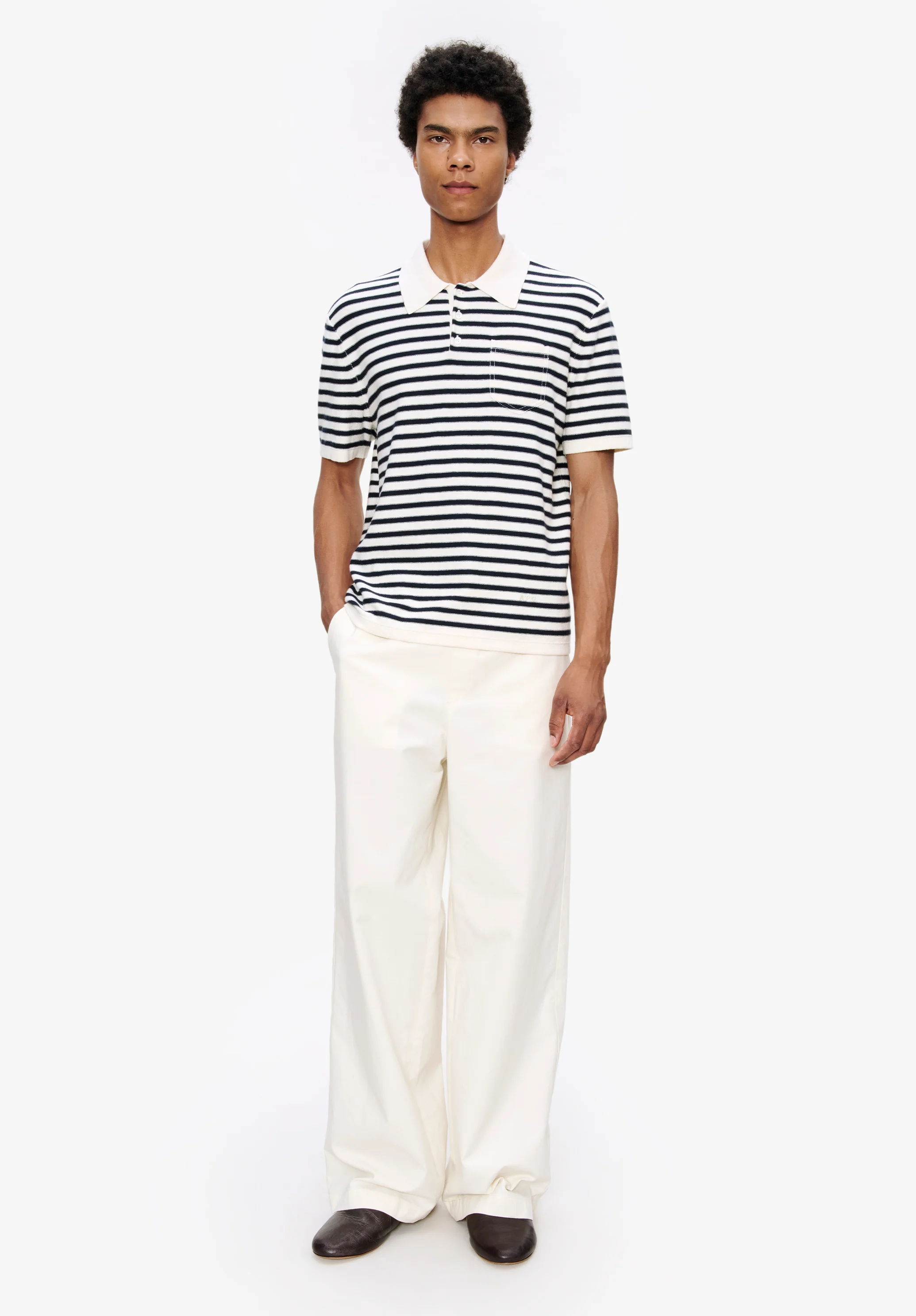Polo rayé en mélange coton et cachemire - Ecru/dark navy