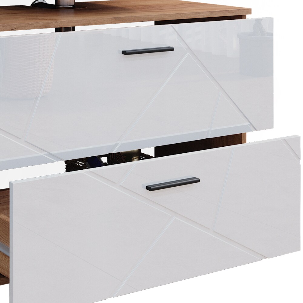 Vicco Badmöbelset Irma Eiche Weiß Hochglanz modern Badezimmerschrank Badschrank Badezimmermöbel Waschtischunterschrank Spiegelschrank Midischrank Schrankschublade Schranktür Schrankfach