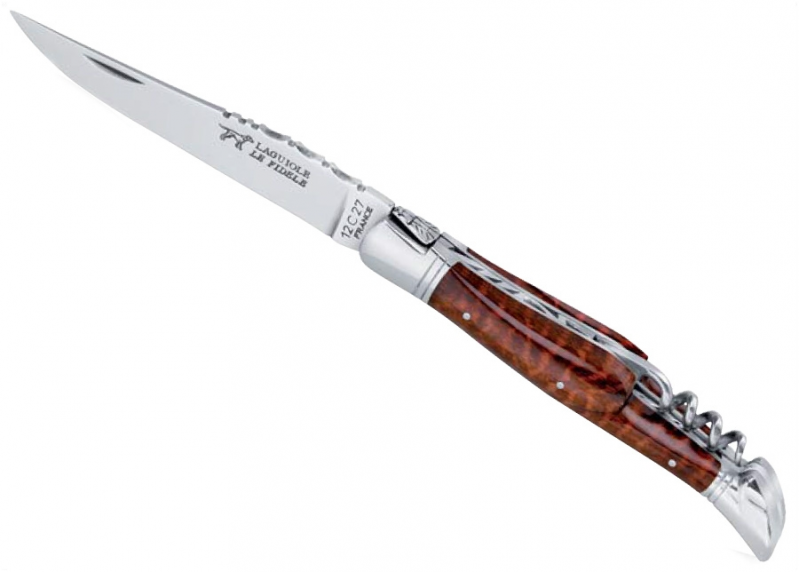 Couteau Laguiole bombé avec un manche en Amourette et tire bouchon et mitres inox
