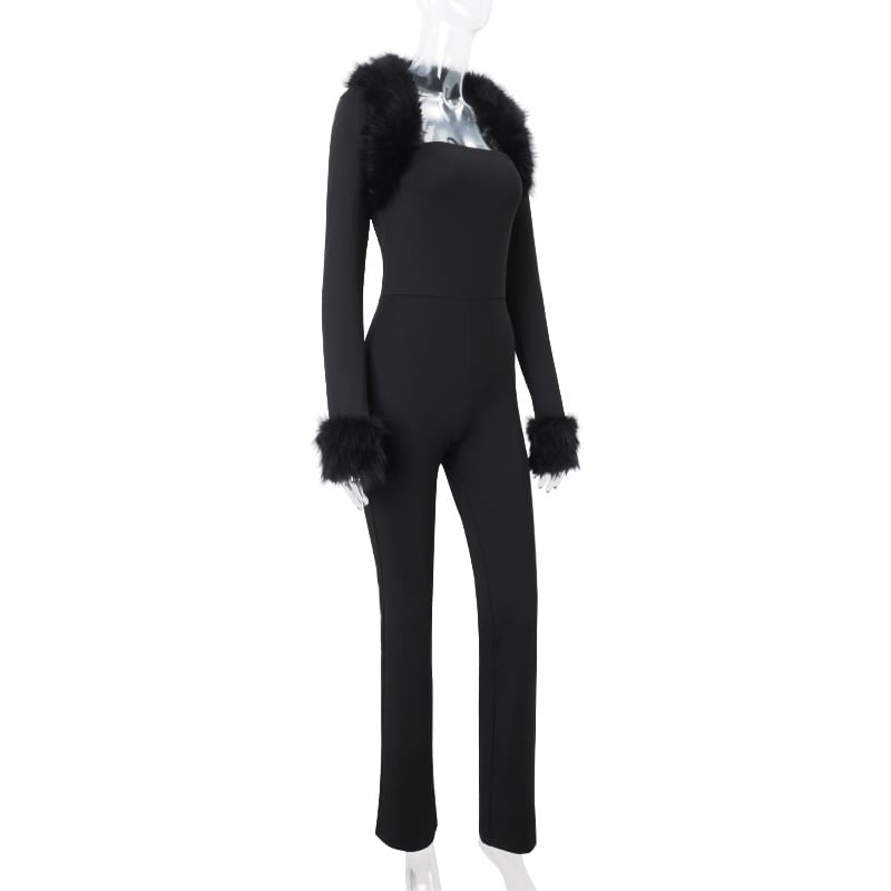 Bulgaris - Jumpsuit met lange mouwen, vierkante hals, pluizig paneel en effen uitlopende pijpen