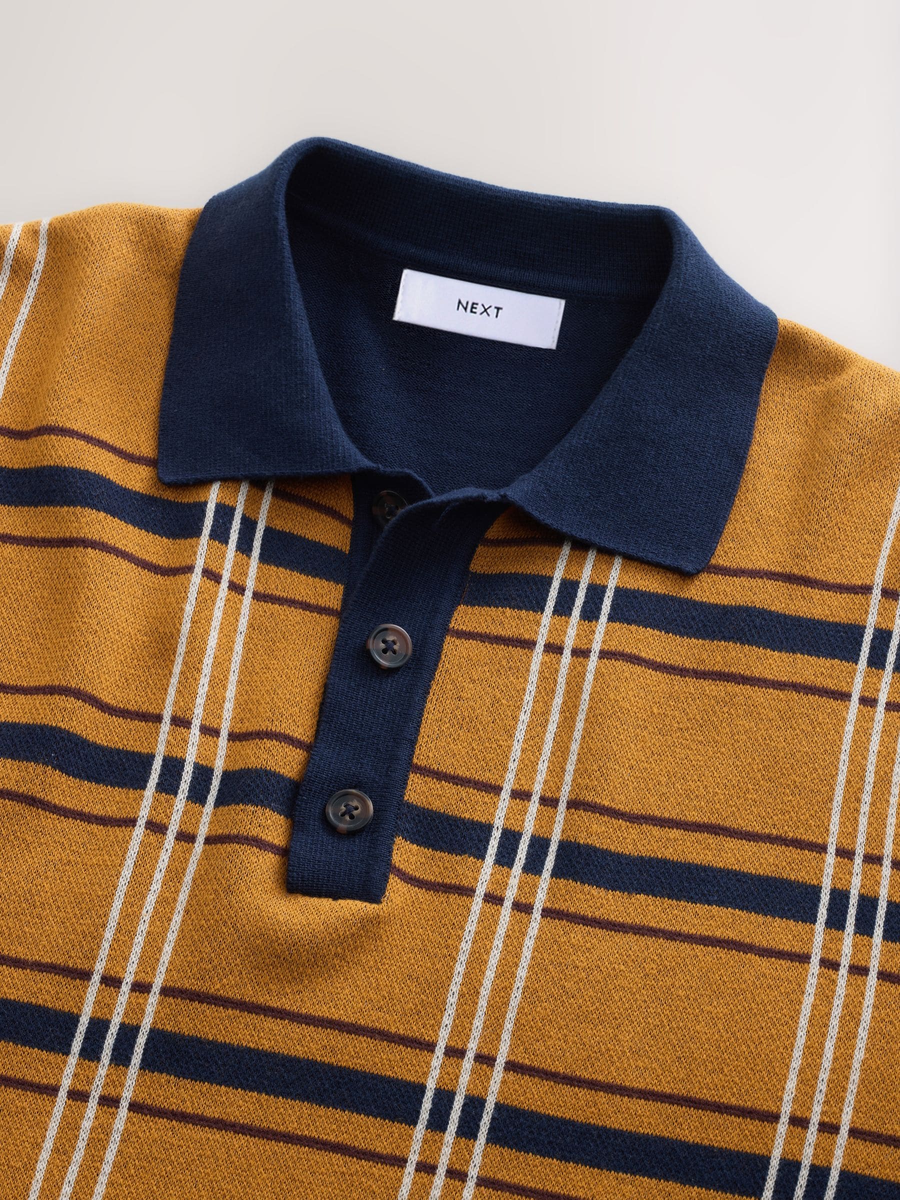 Marineblauw/mosterdgeel - Regular Fit Long Sleeve Knitted Check Polo Shirt