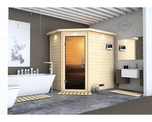 Karibu Svea blokhutsauna zonder kachel en dakrand, met grafietkleurige volledig glazen deur