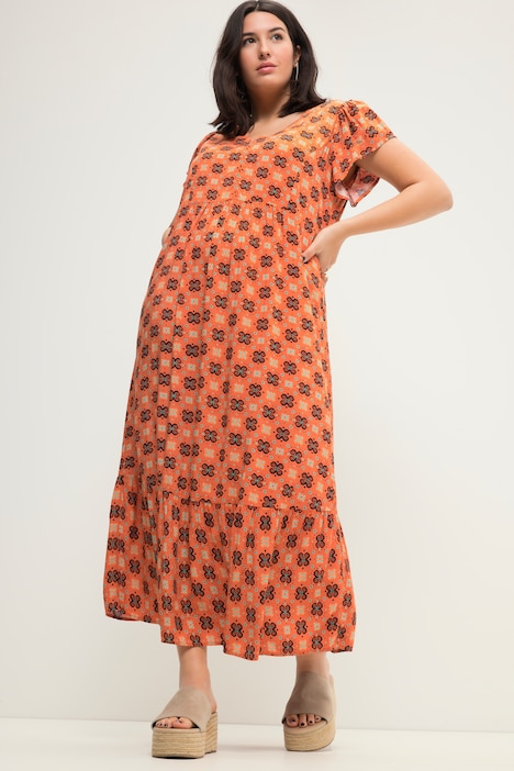 Maxikleid, A-Line, Alloverprint, V-Ausschnitt, Flügel-Halbarm