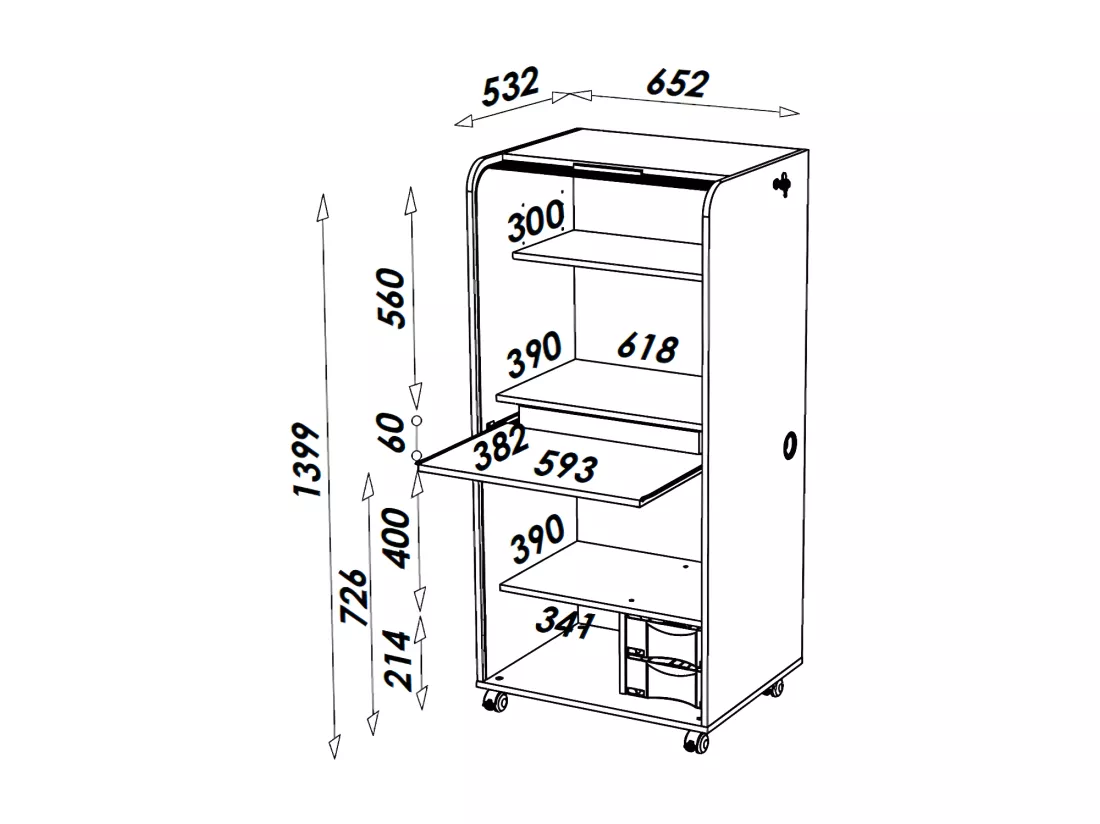 Armoire Informatique Blanche à Roulettes 2 Tiroirs L 65.2 H 139.9 P 53.1 cm - Coloris: Blanc