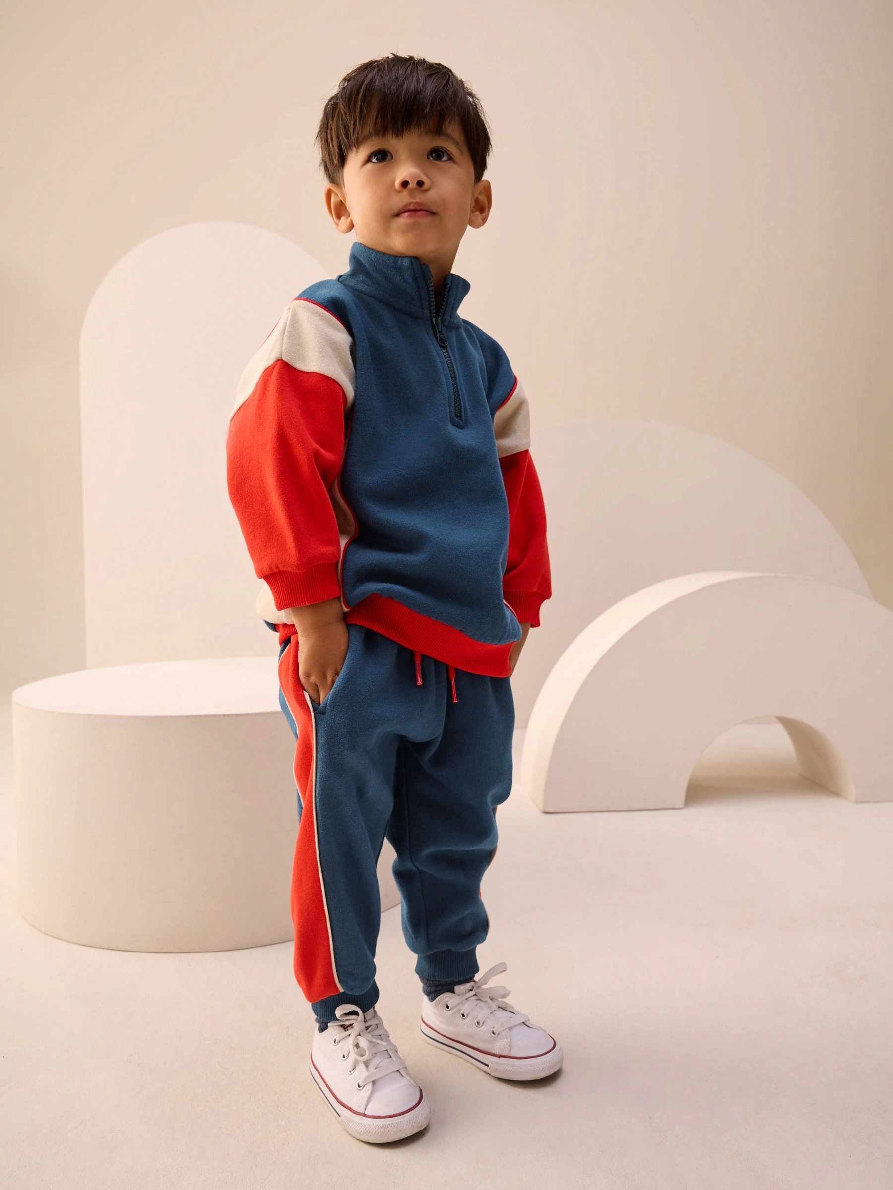 Rood/marineblauw - Set van top met halve rits en joggingbroek (3mnd-7jr)