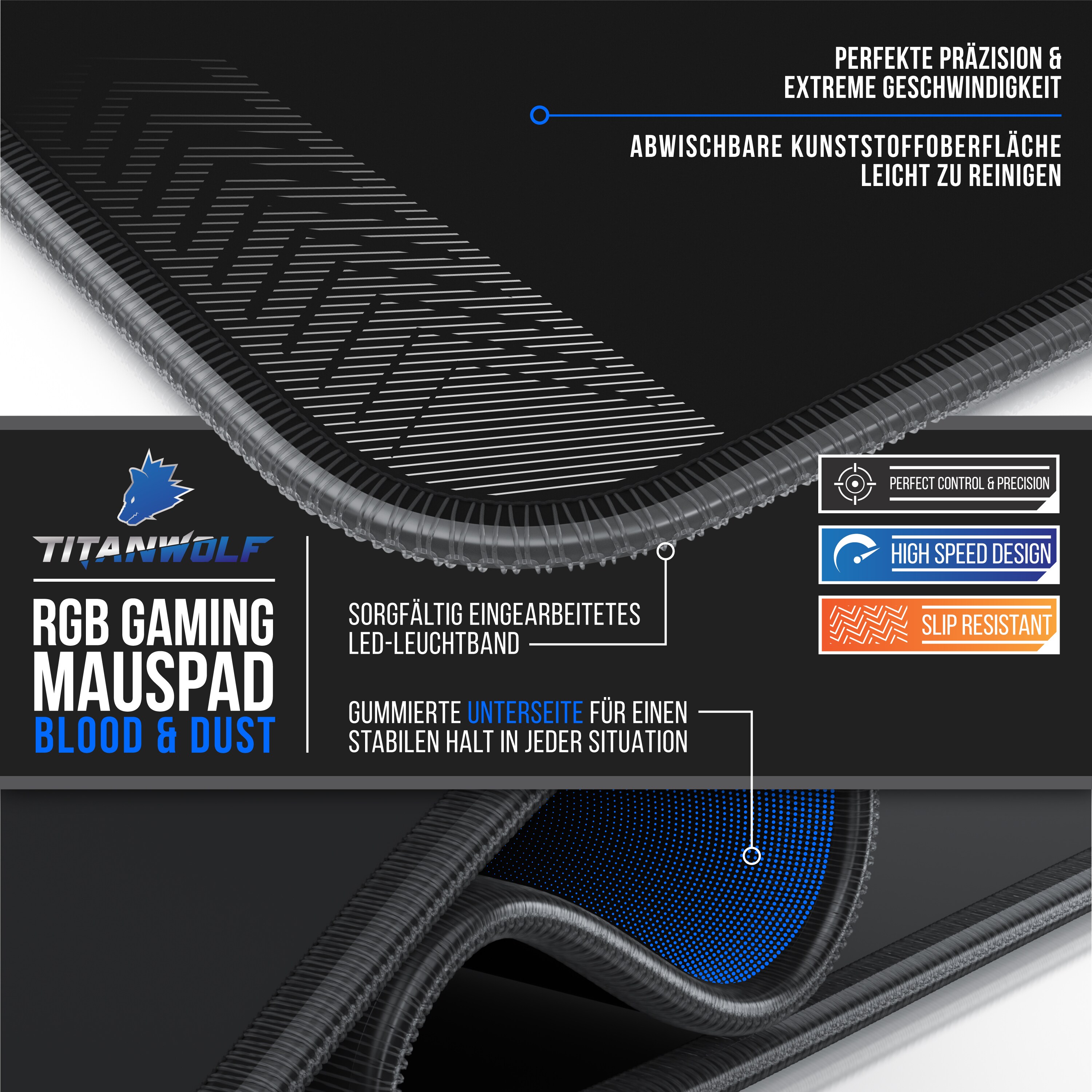 Titanwolf RGB Gaming Mauspad, Mousepad XL 800 x 300mm verbessert Präzision & Geschwindigkeit, Blood