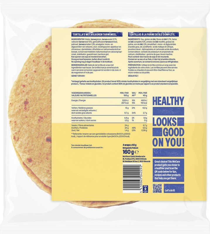 WeCare - Lower Carb Tortillas - Volkoren - 12 Stuks - 160 Gram