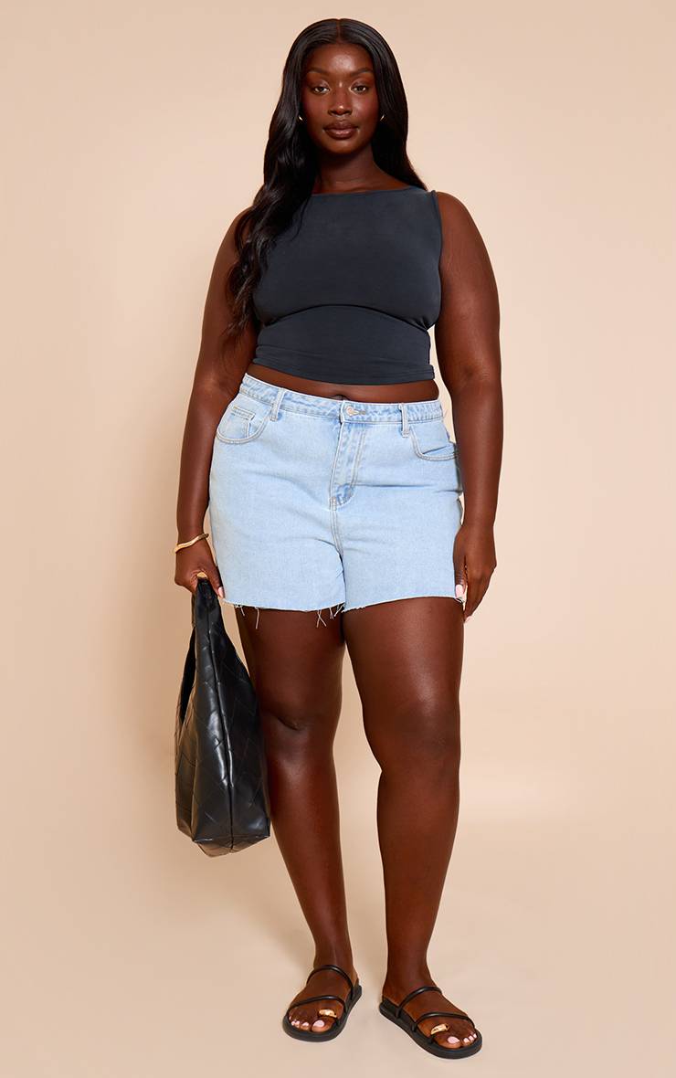 Light Blue Wash Short En Jean À Ourlet Brut Grande Taille