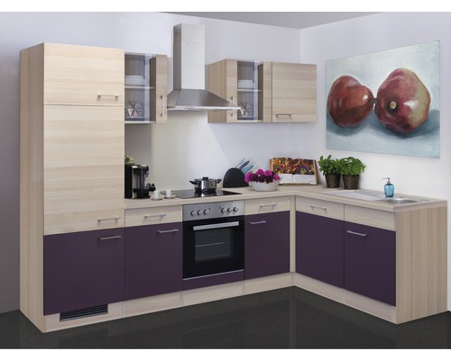 Flex Well hoekkeuken met Focus apparatuur, 280 cm, acacia aubergine mat, gedemonteerd, omkeerbare uitvoering 00009044