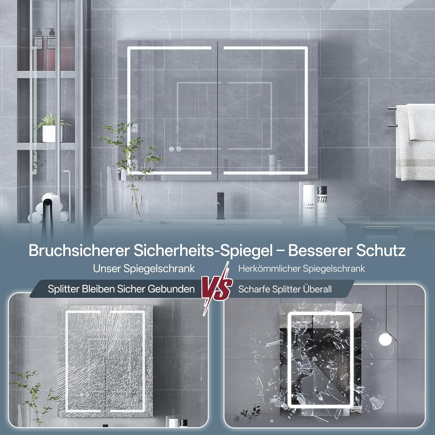 HySail Spiegelschrank Bad mit Beleuchtung, Dimmbare Helligkeit & 3 Farbtemperaturen, 100x70x14 cm Badezimmer Spiegelschrank mit Touch-Schalter, Anti-Beschlag & Steckdose, Komplett Vormontiert