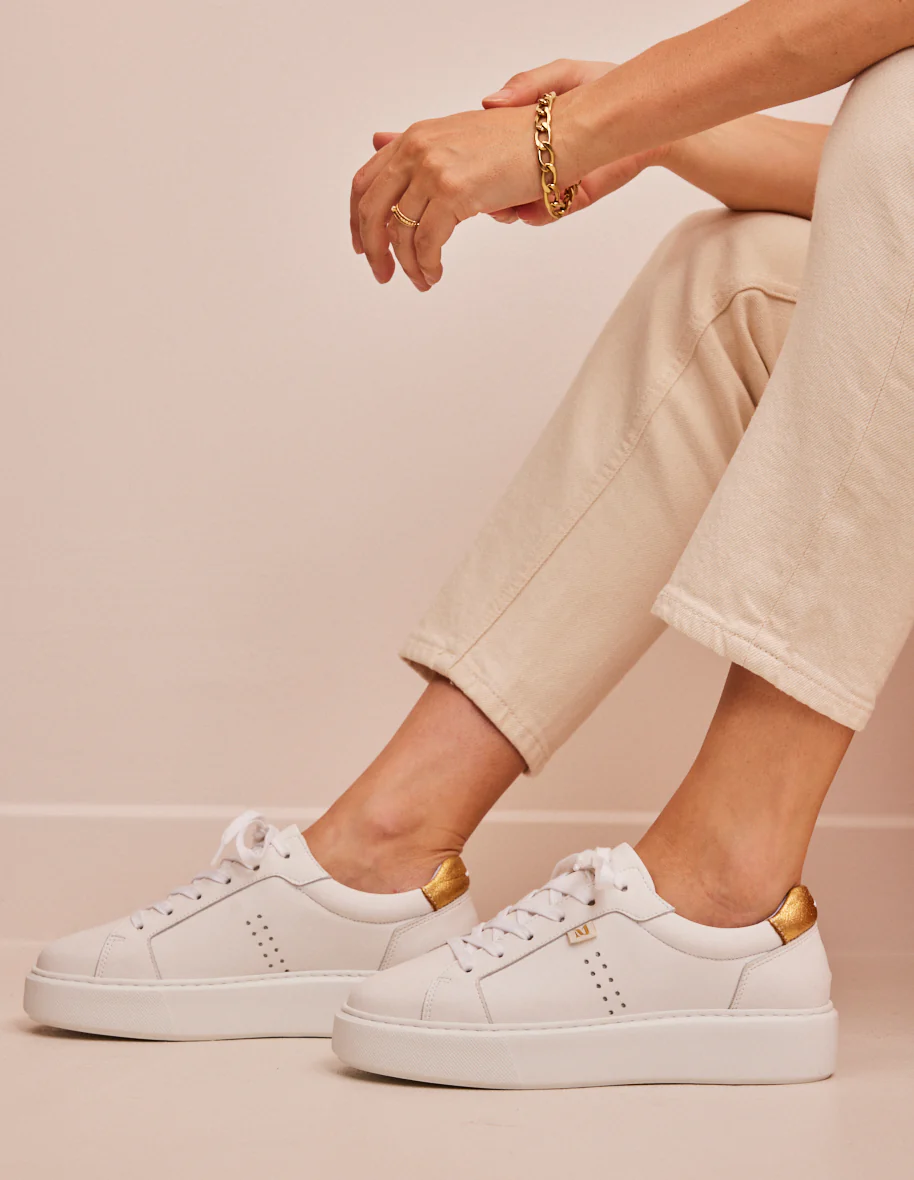 Baskets basses Apolline - Cuir blanc et lamé doré