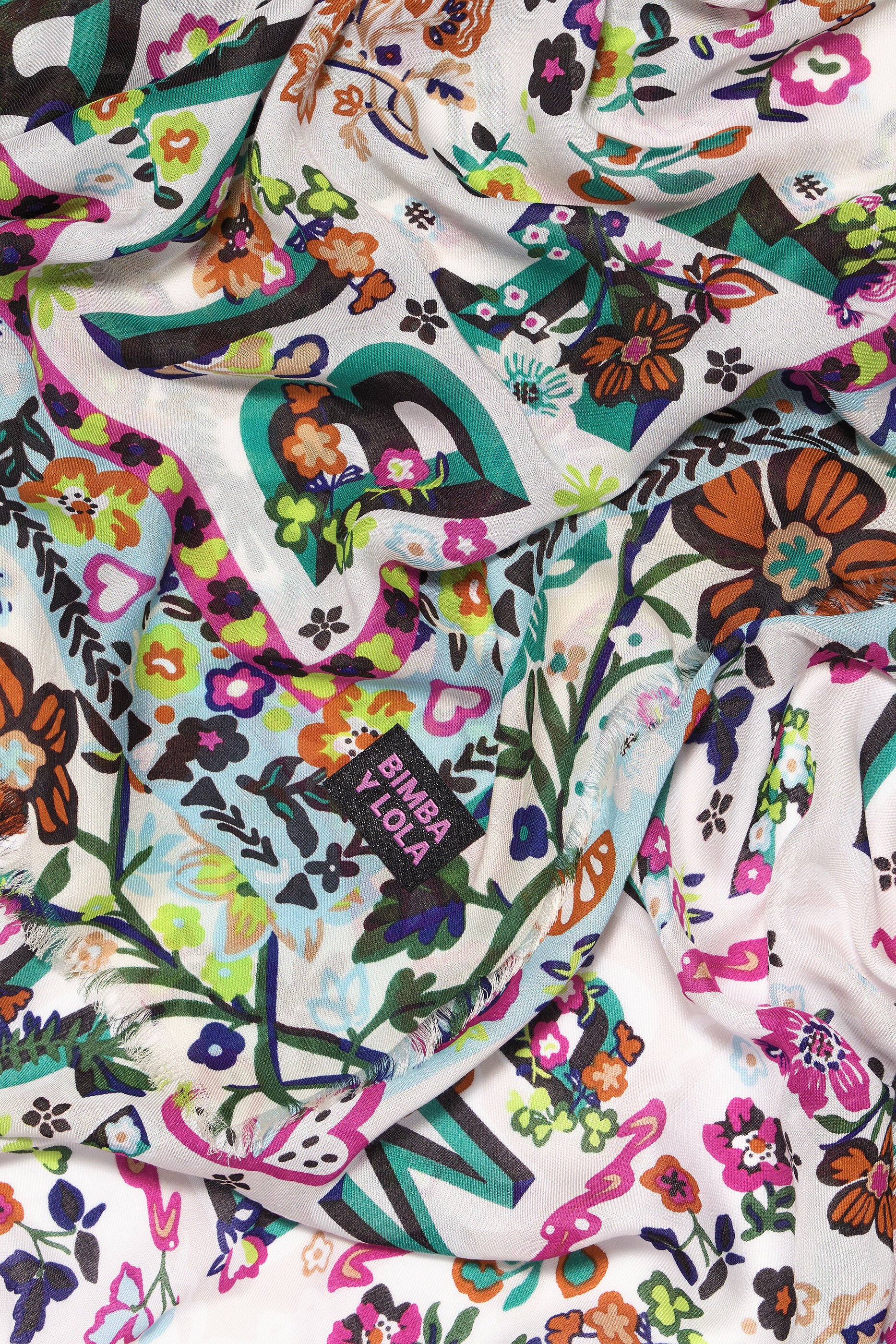 Xale com flores e logotipos, branco