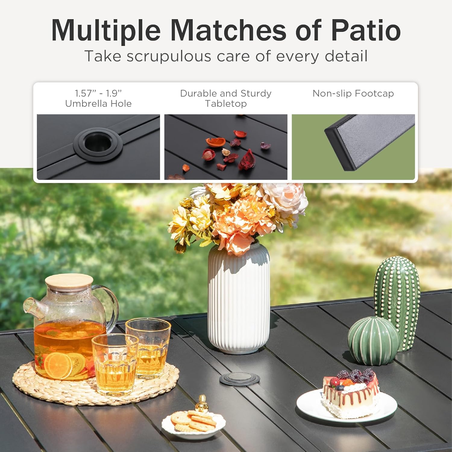 PHI VILLA Gartenmöbel Set Outdoor Balkon Esstisch mit 6 Rattan Stühlen und 1 Rechteckig Metall Gartentisch, 7-teiliges Gartenset Tisch und Stühle für 6, Patio Dining Table Set für Hinterhof Veranda