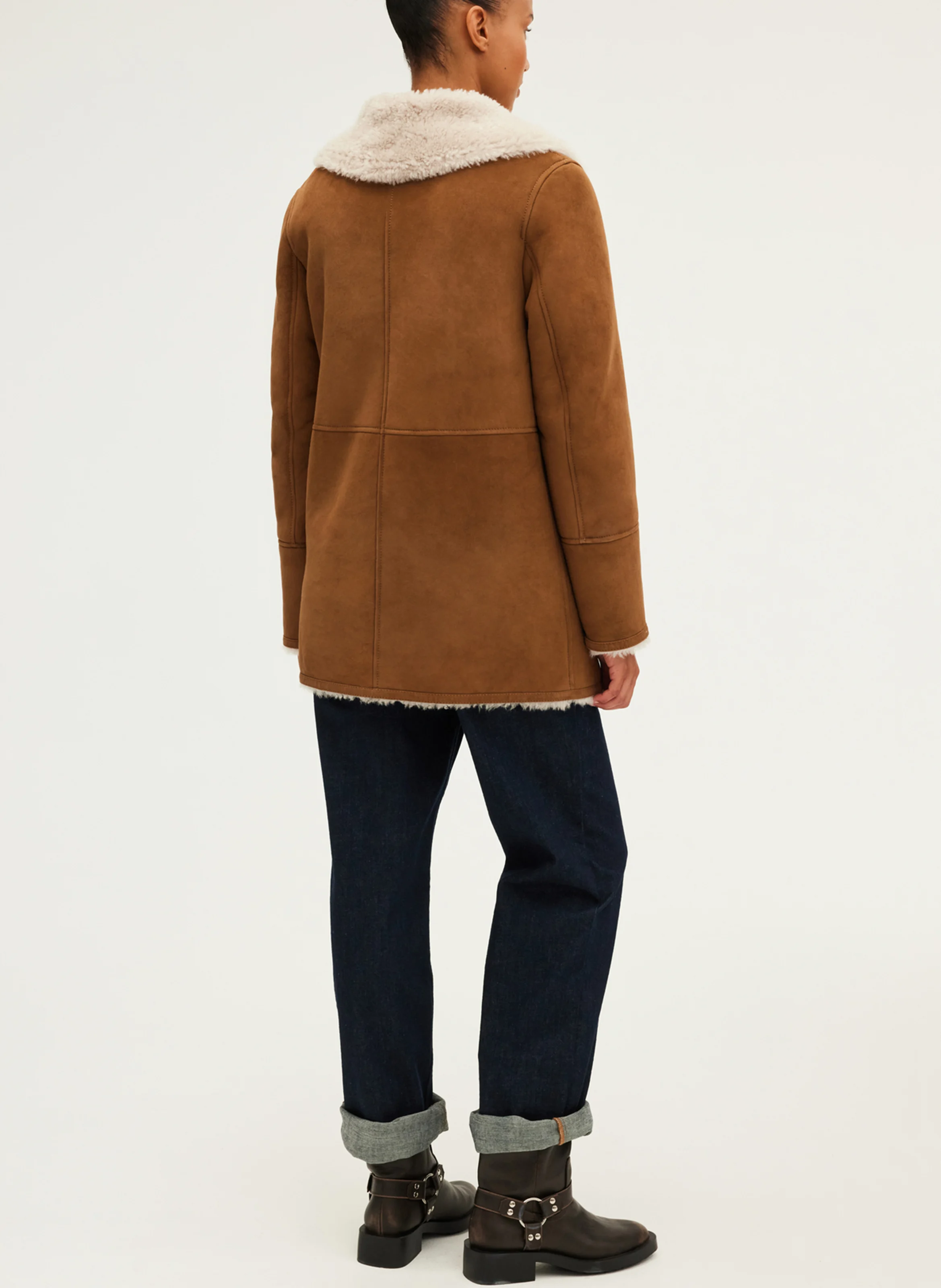 LIVIA - Manteau col tailleur en cuir lainé | Marron