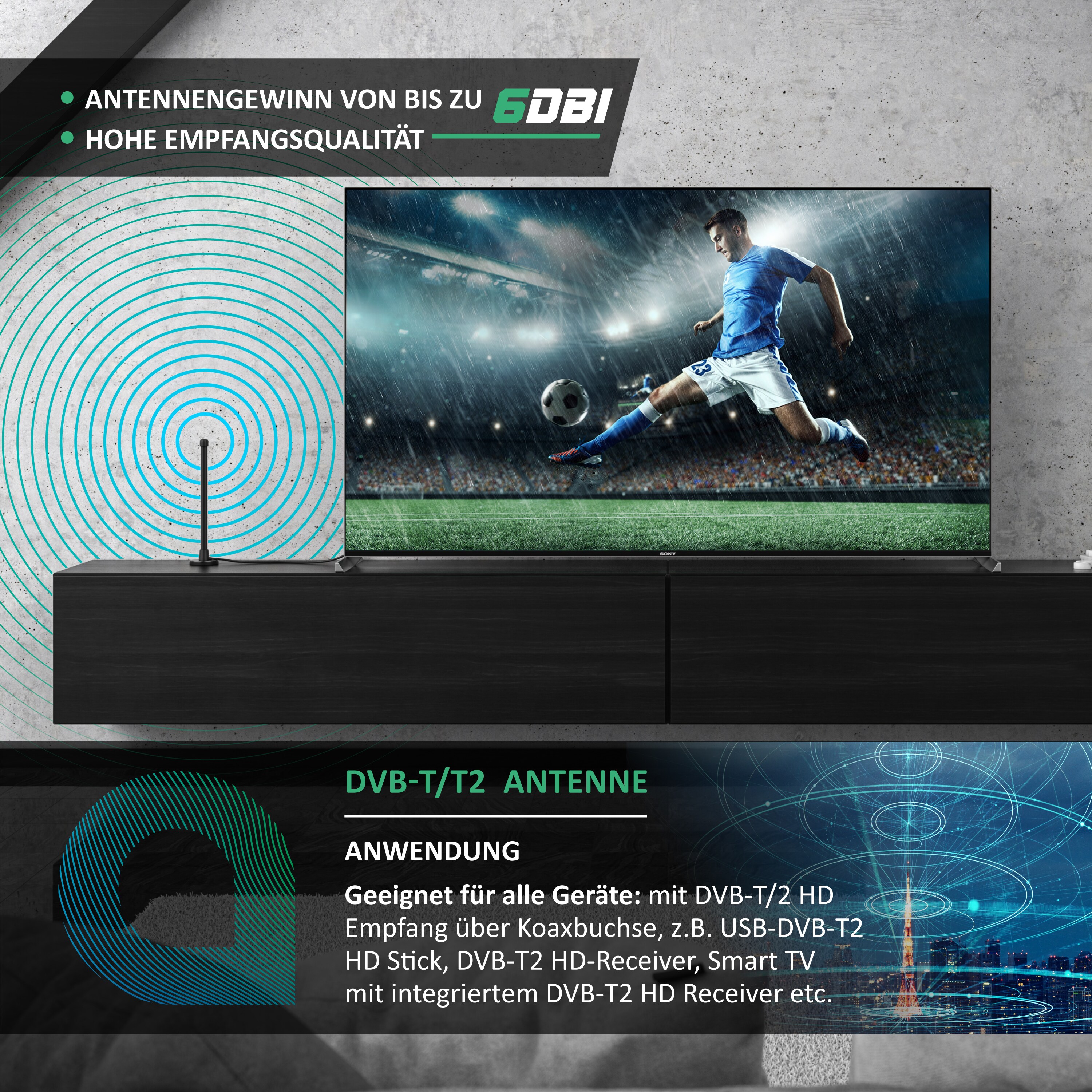 Aplic DVB-T2 digitale Stabantenne mit stabilem Magnetfuß bis zu 6 dBi / hohe Empfangsleistung