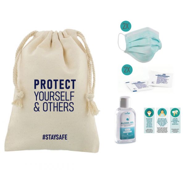 Kit Stay Safe Anti-Covid19 - Saco 100% Algodão   Mini-guia   Gel Desinfetante 50ml   2x Máscaras Cirúrgicas Descartáveis 2x Toalhitas Desinfetantes