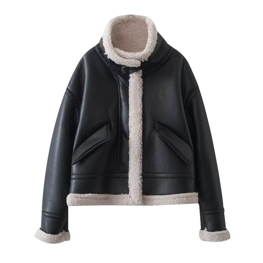 Overing - Lange mouwen imitatieleren fleece jas met rits