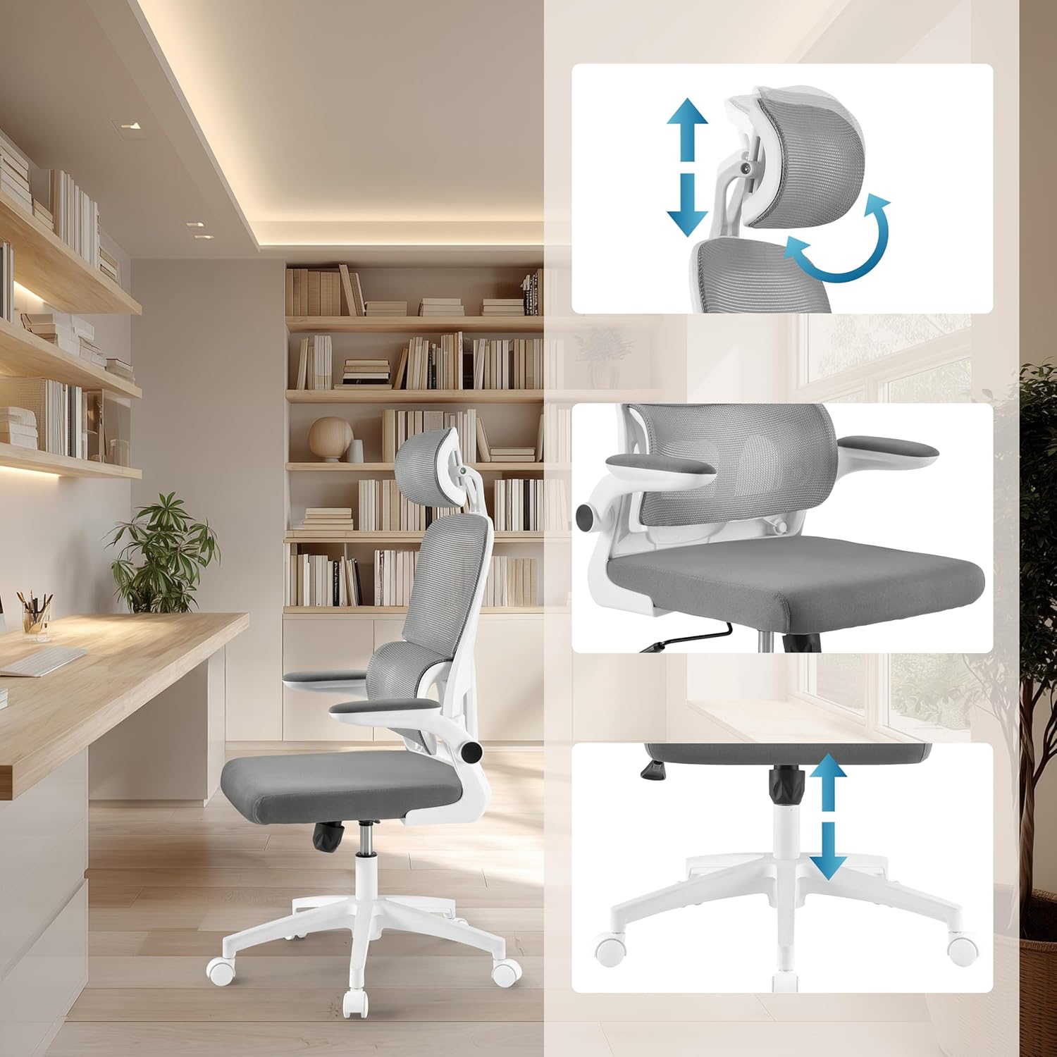 Drehstuhl ergonomisch ERGOMY Flex Armlehnen klappbar, Bürostuhl mit Flexibler Lordosenstütze, Netz Rückenlehne, Stoff Grau
