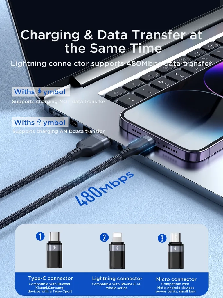 (1.2m) 4in1 USB A auf USB C / 2x Lightning / Micro USB Ladekabel Datenkabel (S-A18) - Schwarz