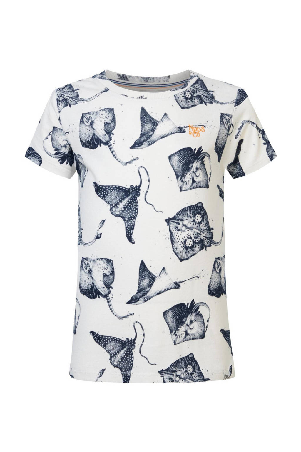 Noppies T-shirt met all over print wit/blauw