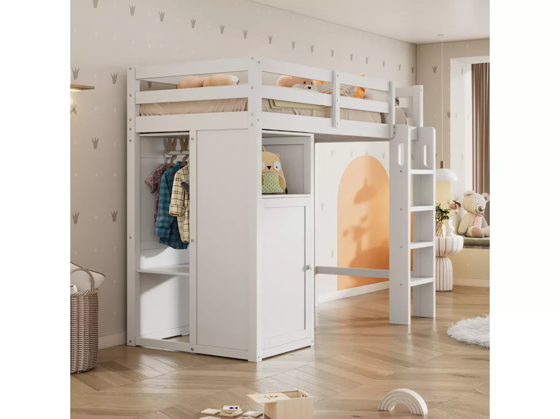 Lit mezzanine 90 x 200 cm pour enfant avec armoire et étagères - Bois de pin et MDF - Blanc
