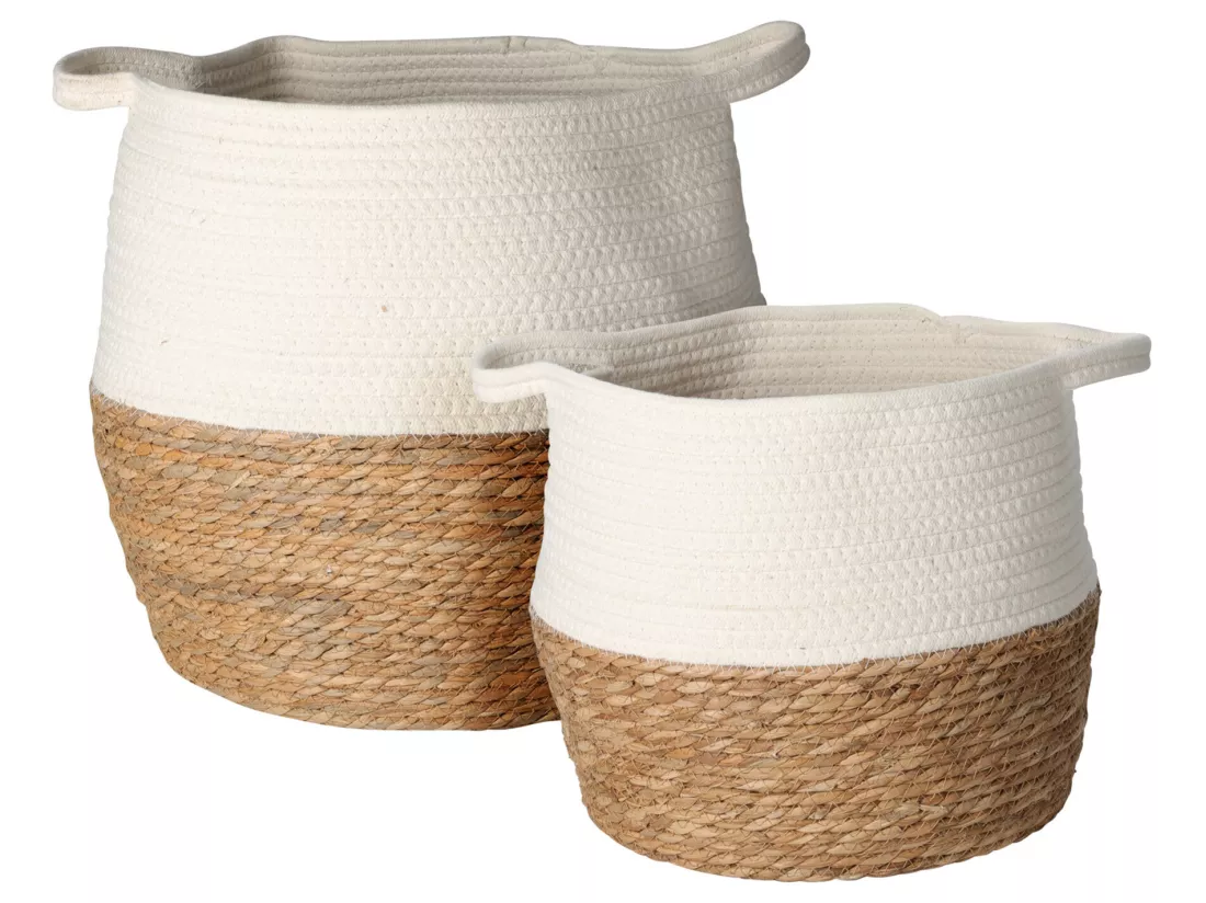 Lot de 2 Paniers à linge Polyvalents Blancs Marrons Coton Paille
