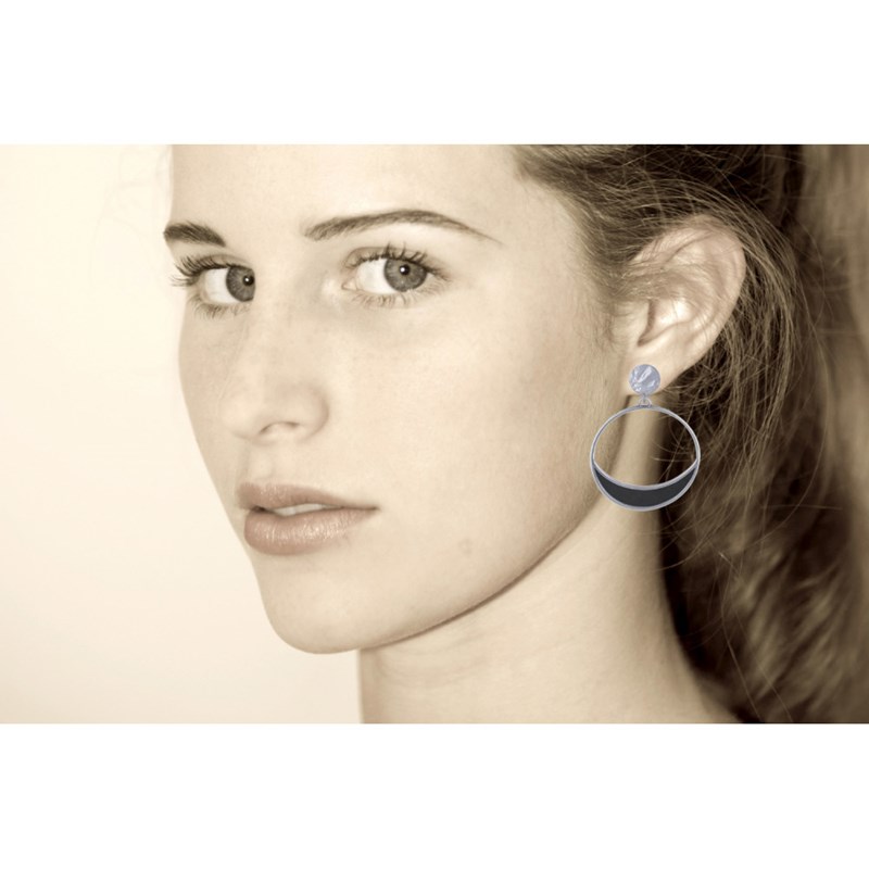 Boucles d'Oreilles Clip Métal Argenté Cercle et Croissant de Lune Translucide Coloré