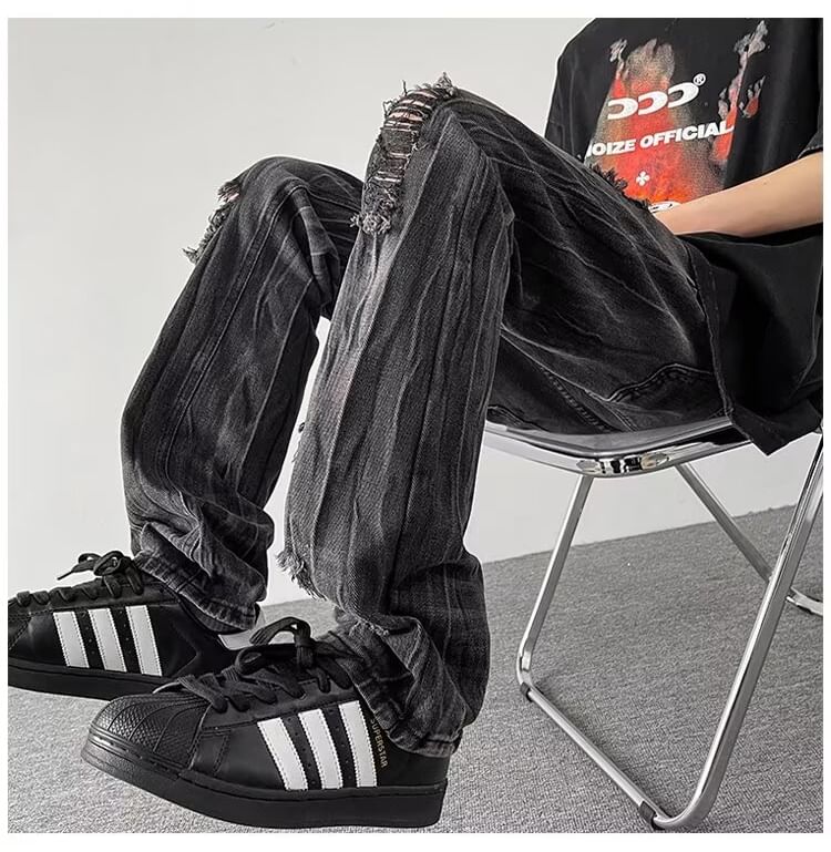 Ateso - Mid Rise Distressed Washed Straight Leg Jeans