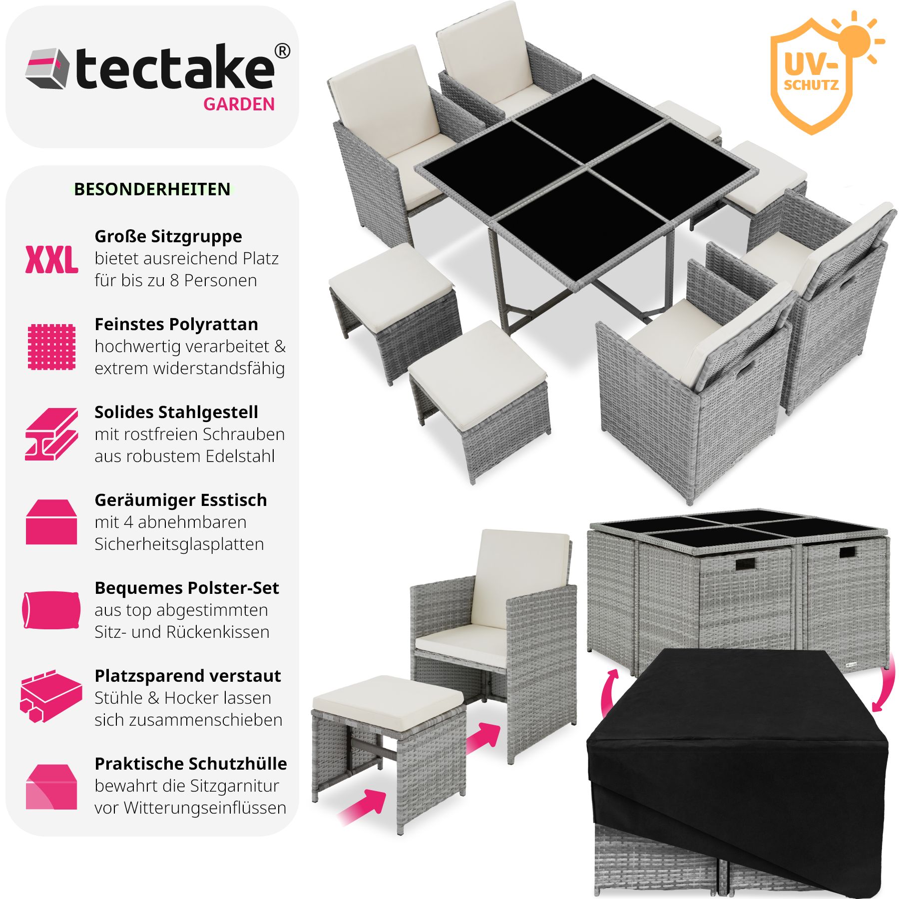 tectake® Rattan Sitzgruppe, für 4 bis 8 Personen, UV-beständig, zusammenschiebbar, inklusive Schutzhülle