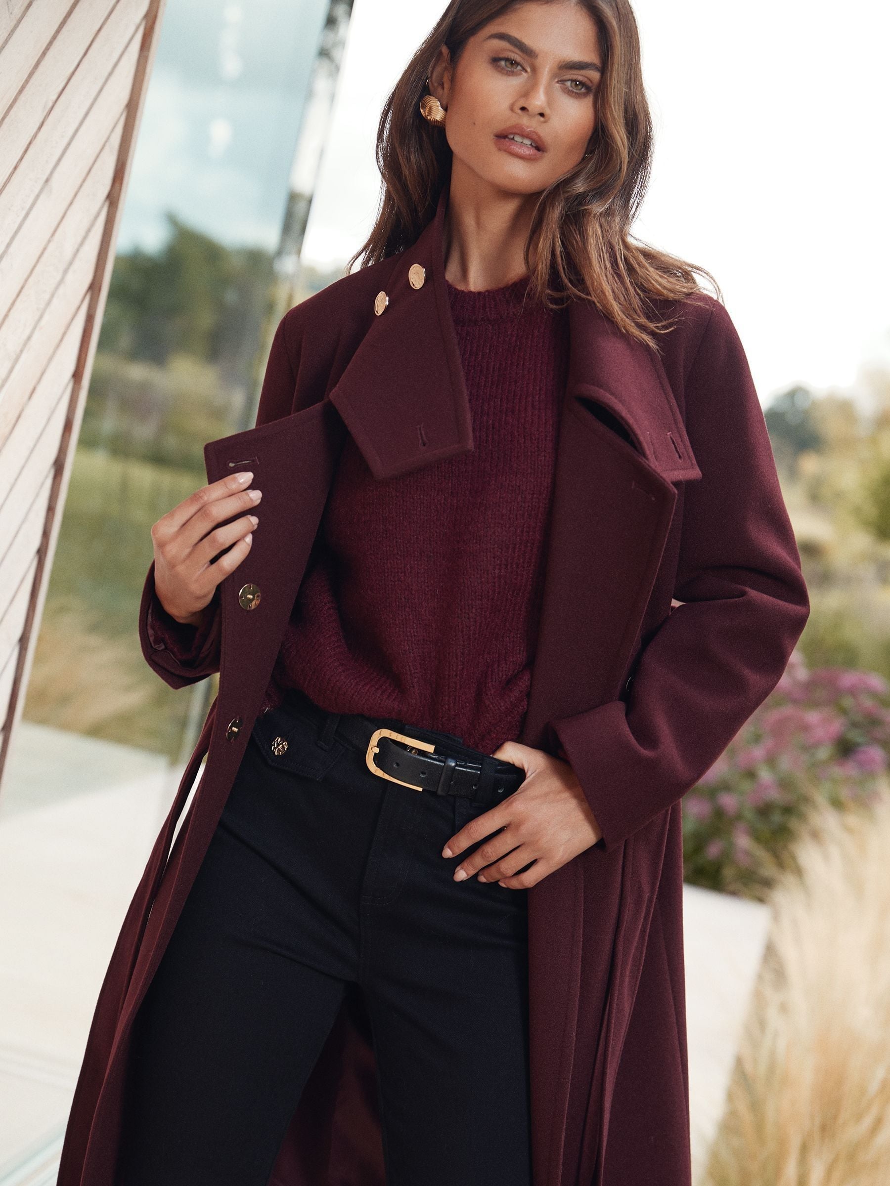 Bessenrood - Lipsy asymmetrische jas met trechterhals en riem