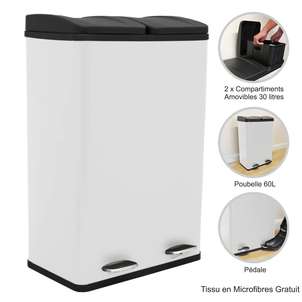 Poubelle de Recyclage 60L Double Blanche Kukoo