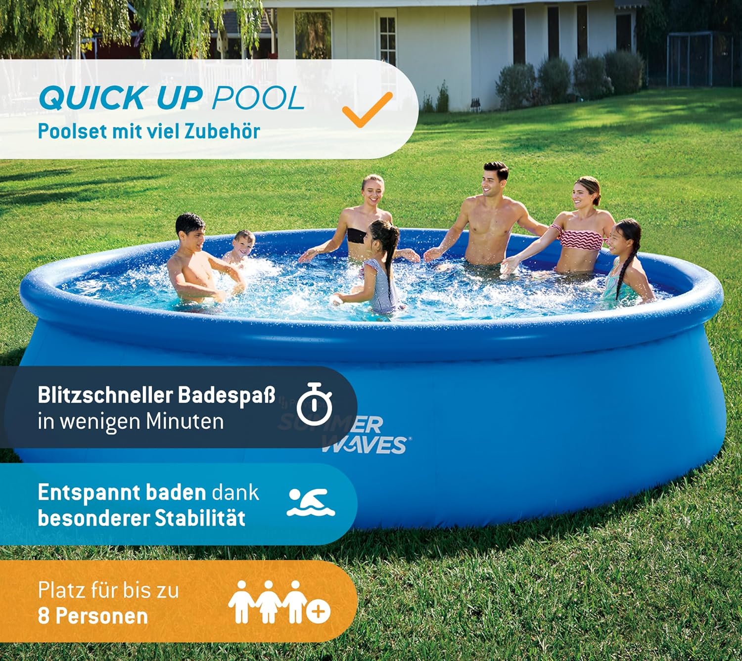 Summer Waves Quick Up Pool Komplettset | Rund 457x107 cm Blau | Aufstellpool Set | Gartenpool & Schwimmbecken inkl. Filterpumpe, Bodenvlies, Abdeckplane & Einstiegsleiter (457x457x107 cm)