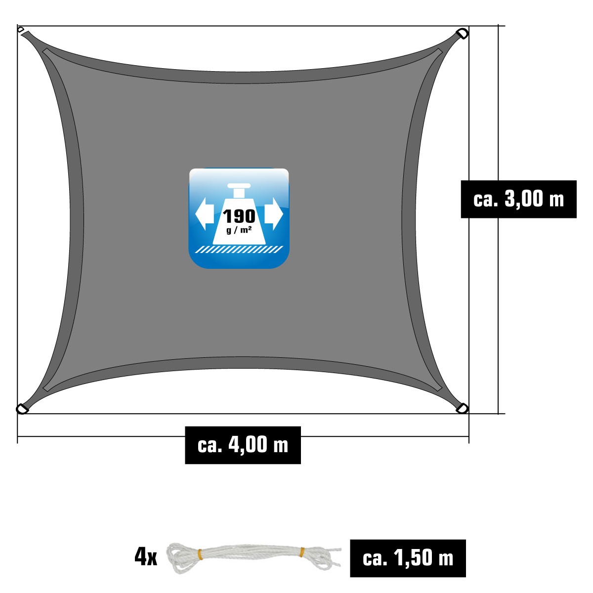 AMANKA 4 x 3 waterafstotende polyester schaduwdoek - Grey
