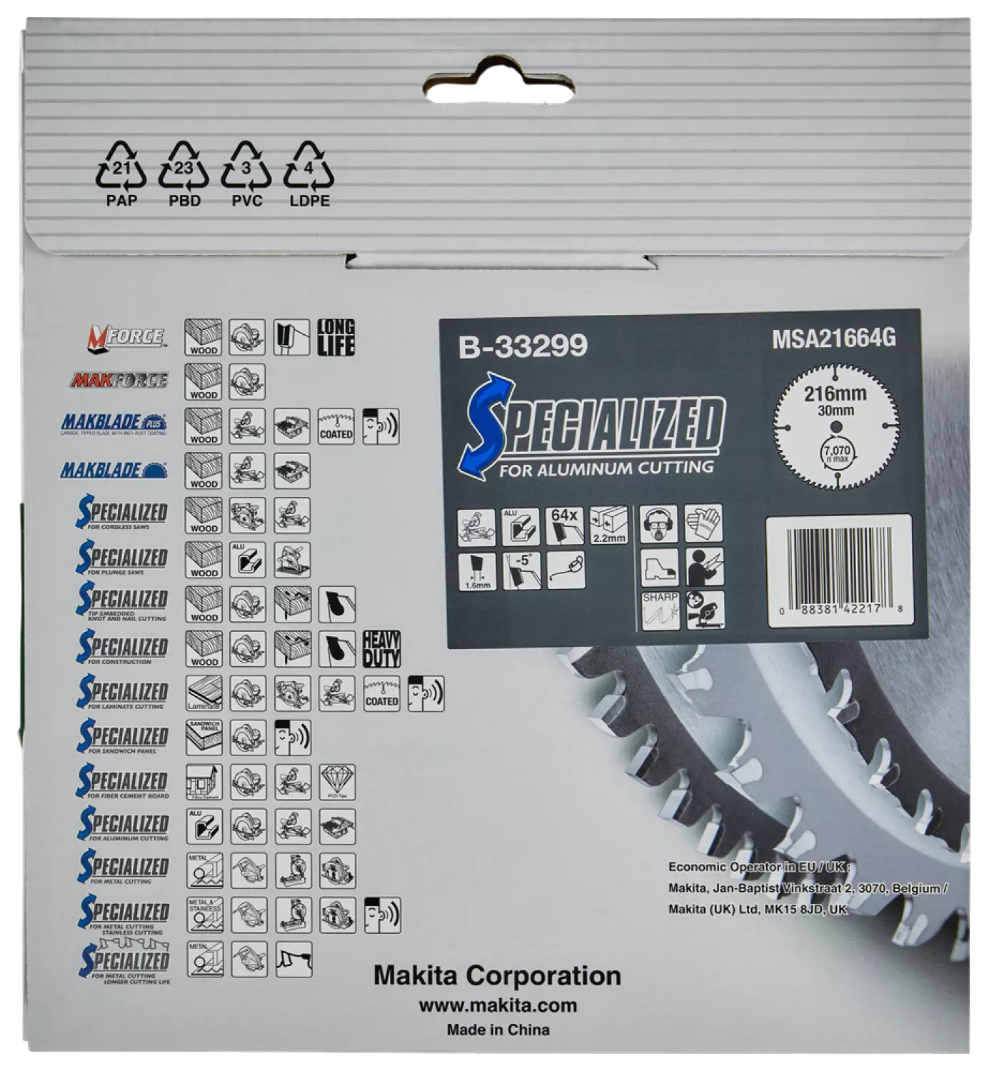 Makita B-33299 Cirkelzaagblad - Aluminium Specialized - 216x30x2,2mm - 64T