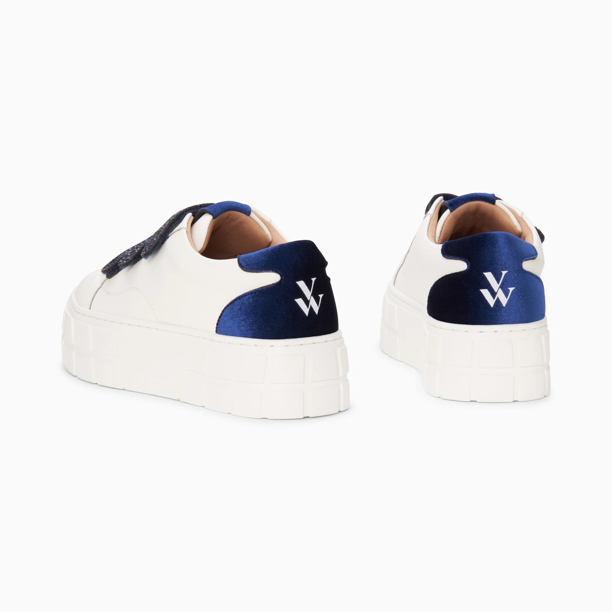 Sneakers-Baskets Monica blanc et bleu marine à scratchs glitter et plateforme