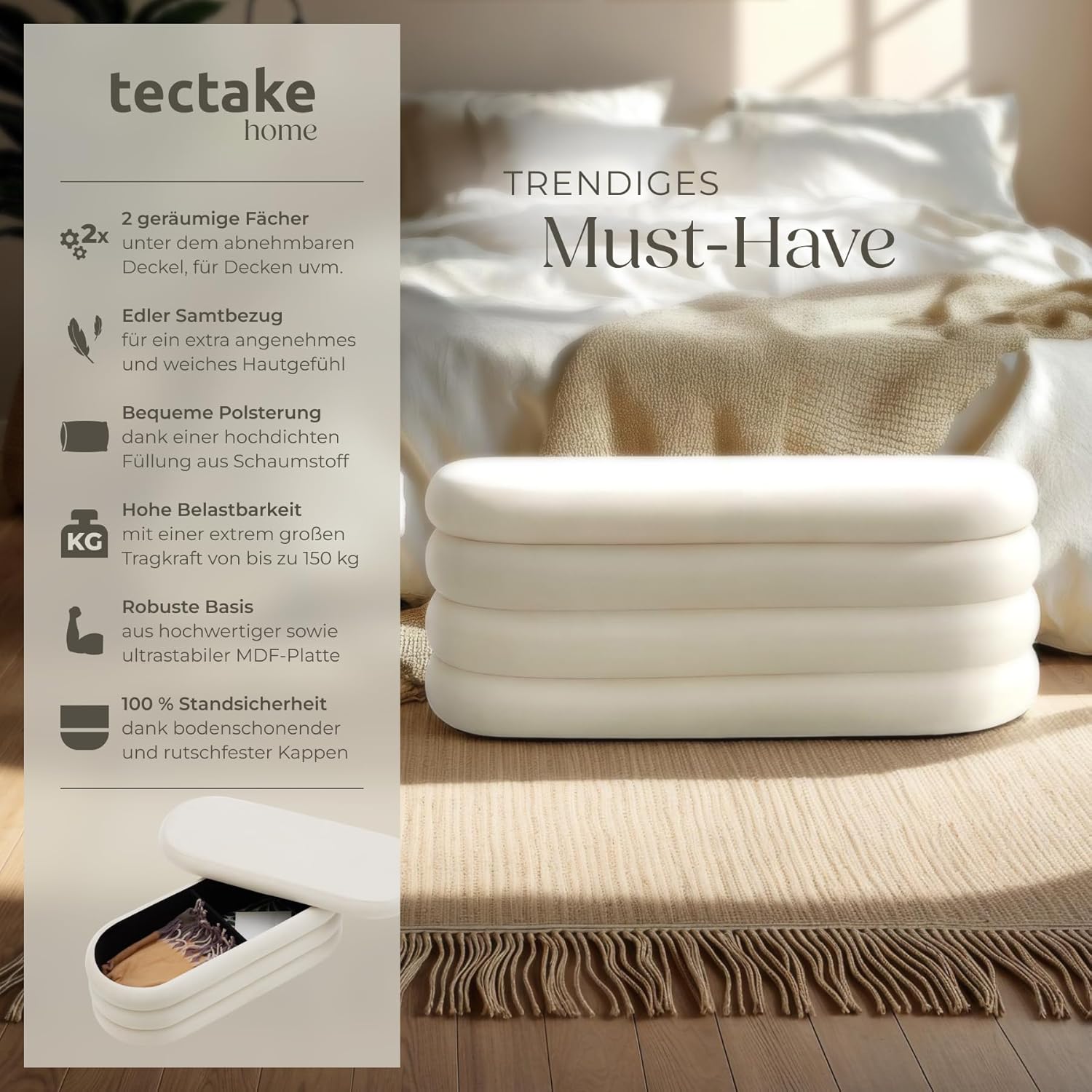 tectake® Sitzbank mit Stauraum, Sitzhocker, Hocker mit Stauraum, Pouf, Polsterhocker, Sitztruhe, Truhe mit Deckel, Truhenbank mit Stauraum, Möbel Wohnzimmer, 110 x 45 x 42 cm - Samtoptik Creme-weiß