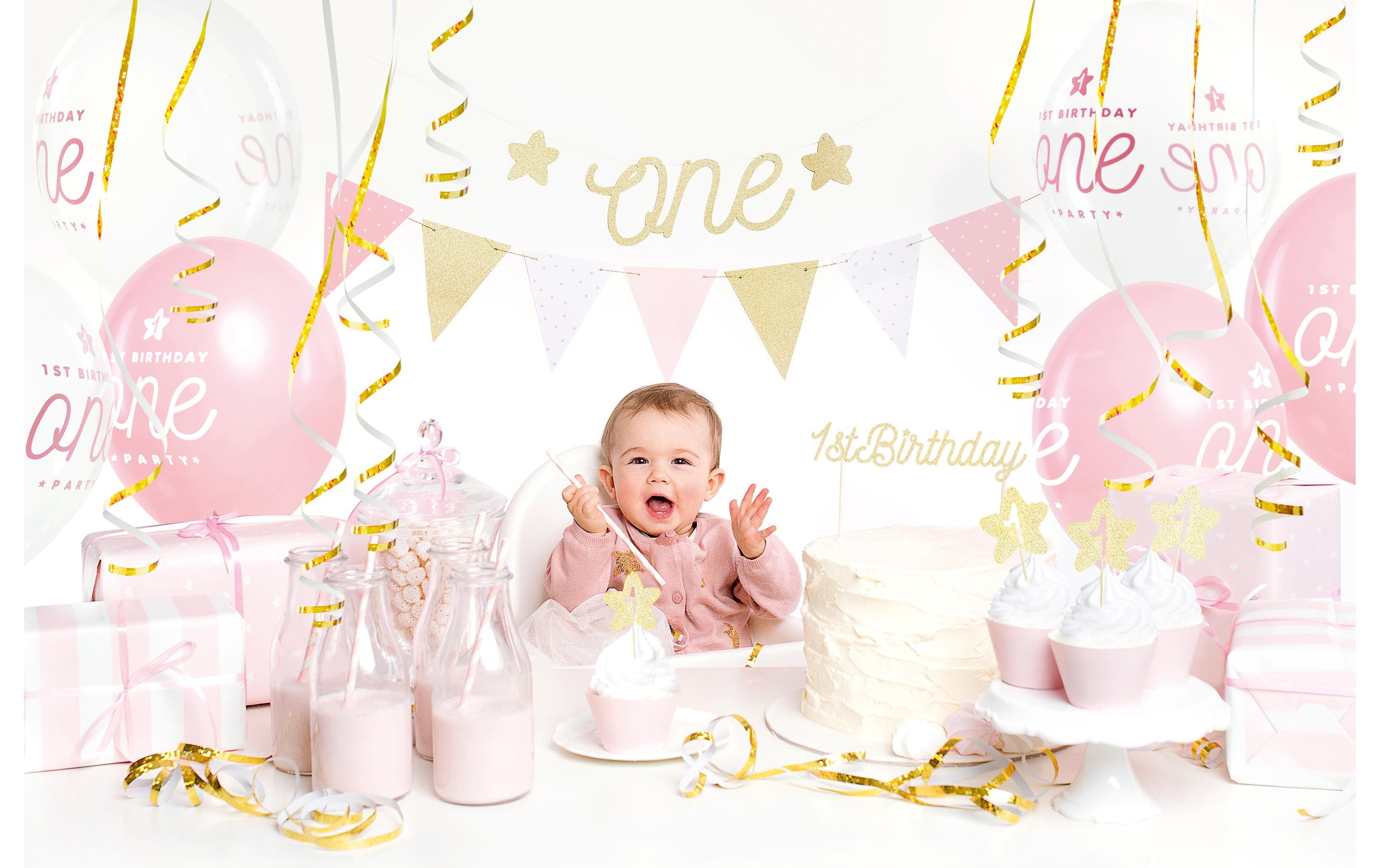 Partyset 1st Birthday gold 9-teilig, Gold/RosaDekorations-Set für den ersten Geburtstag