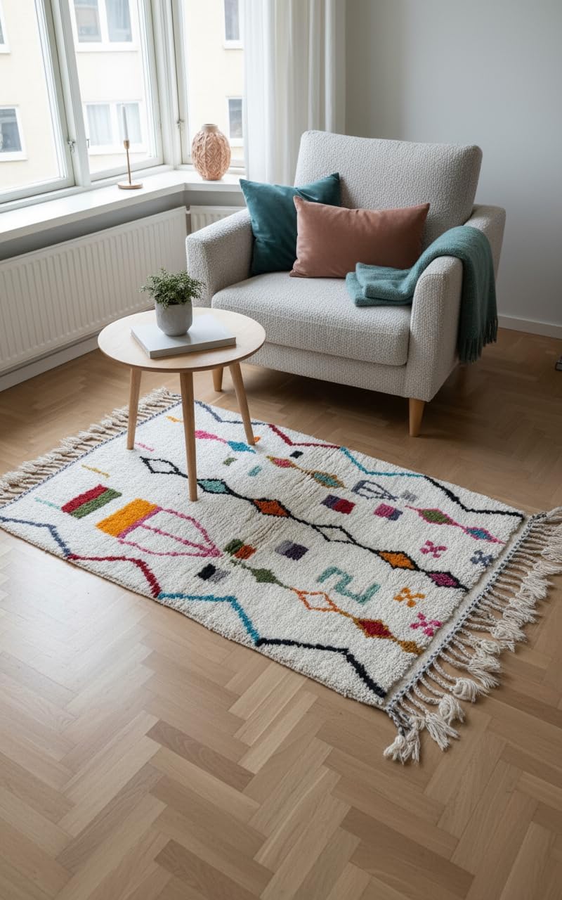 Marokkanischer Azilal-Wollteppich, handgefertigt, kleiner Flächenteppich (100 x 150 cm), weicher Berber-Überwurf, mehrfarbig, 100 x 150 cm