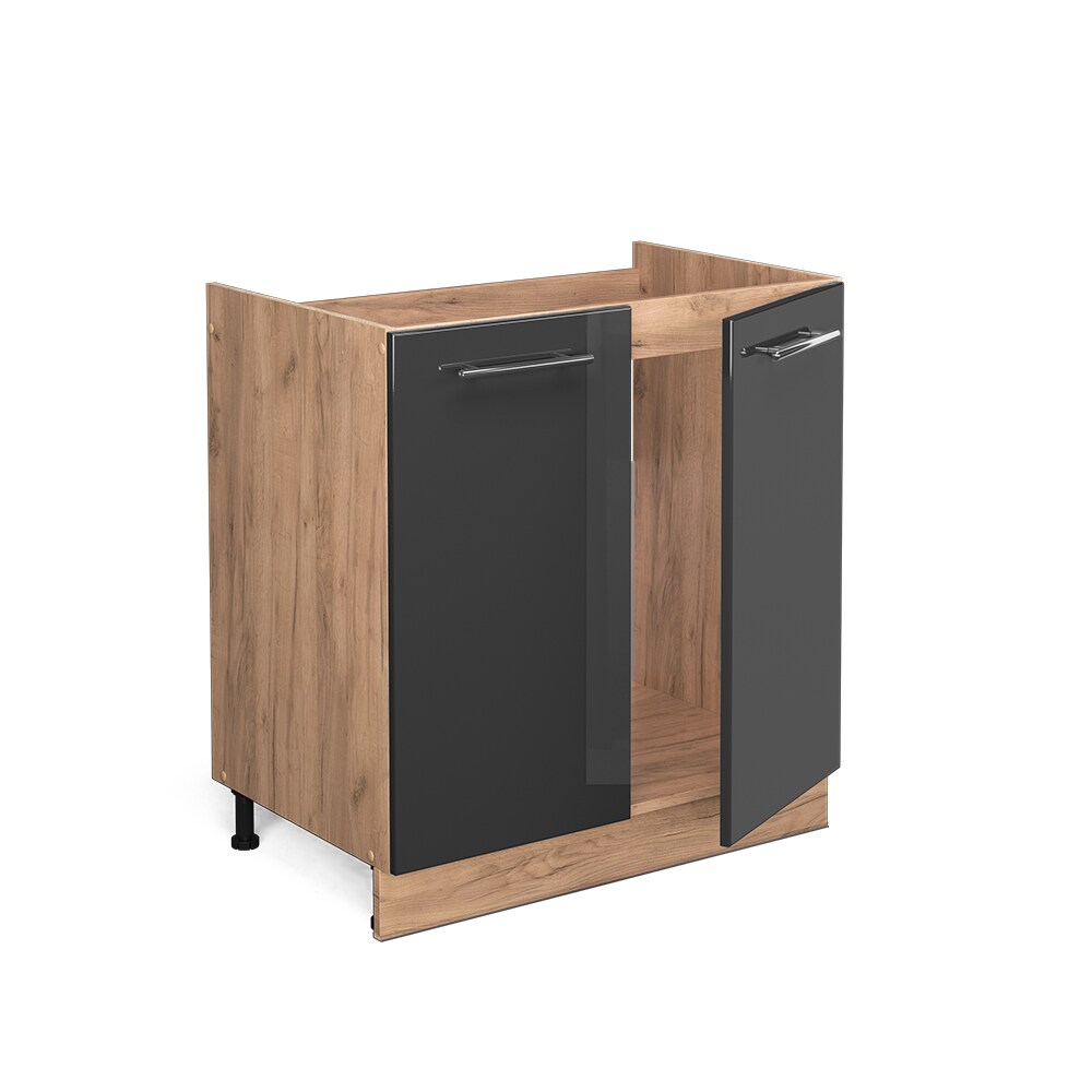 Vicco Spülenunterschrank Küchenschrank Küchenmöbel Fame-Line Eiche Anthrazit modern 80 cm Küche Einbauküche Drehtür Siphonausschnitt Blende Küchenzeile Hochglanz