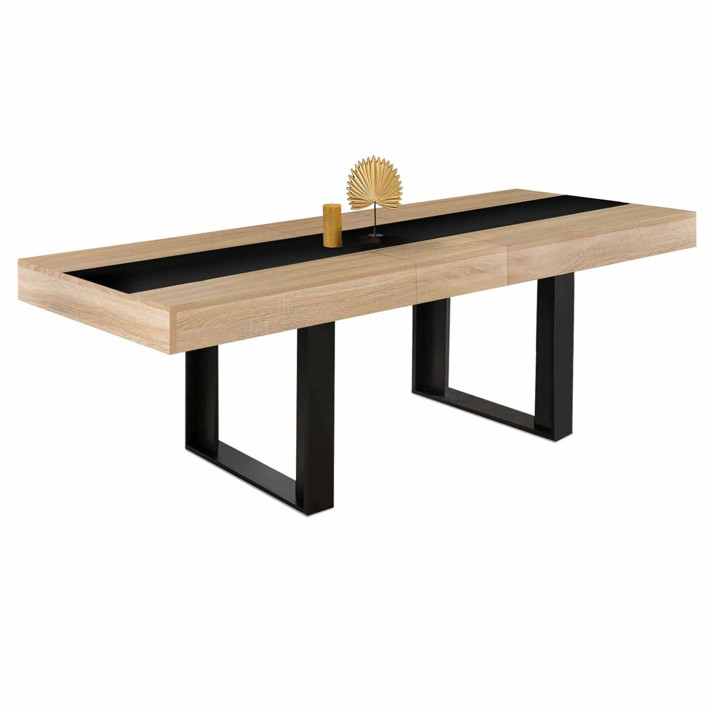 Table à manger extensible rectangle PHOENIX 4-8 personnes bois et noir bande centrale noire 160-200 cm