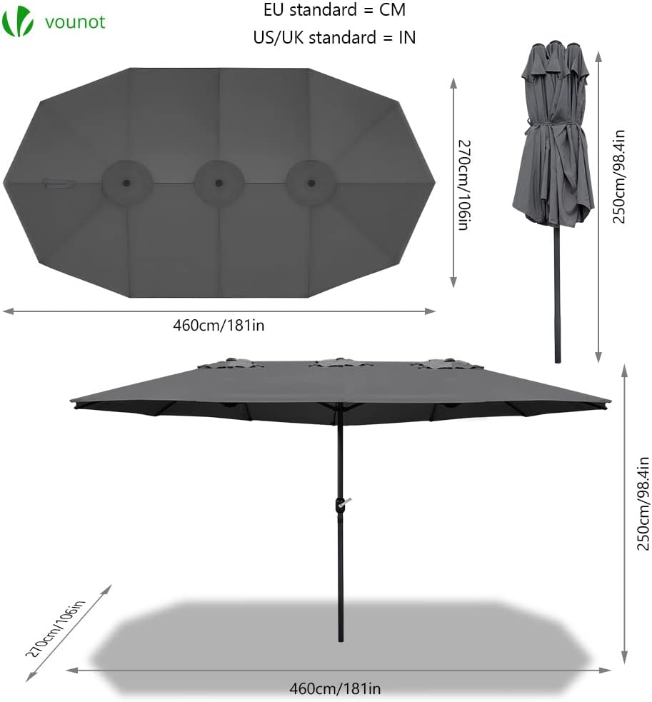 VOUNOT Doppelsonnenschirm mit Handkurbel, Sonnenschirm Marktschirm Gartenschirm Terrassenschirm, Sonnenschutz, 460 x 270 cm, Grau