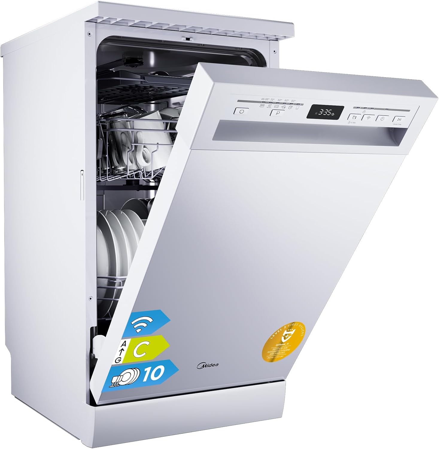 Midea SF 5.45NW10C Geschirrspüler 45cm Freistehend & Unterbaufähig, 10 Maßgedecke, 7 Programme, Spülmaschine 45 cm mit WIFI, 44 db, Startverzögerung, Automatische Türöffnung, 63 kWh/100 Zyklen, Weiß