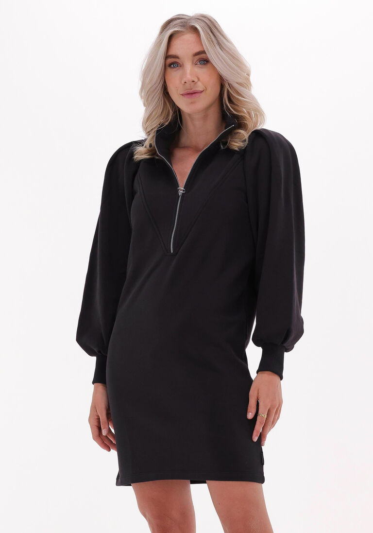 SCOTCH & SODA zwarte scotch & soda mini jurk zipped neck sweat dress with puffed sleeves
