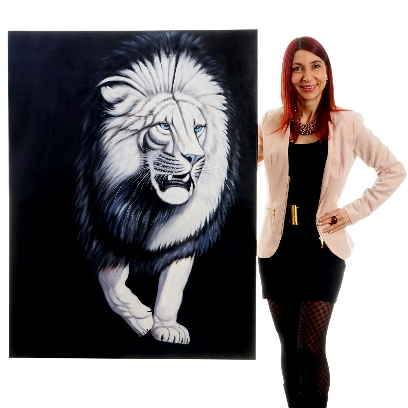 Wandbild Weißer Löwe, 100% handgemaltes Ölgemälde Gemälde XL, 120x90cm