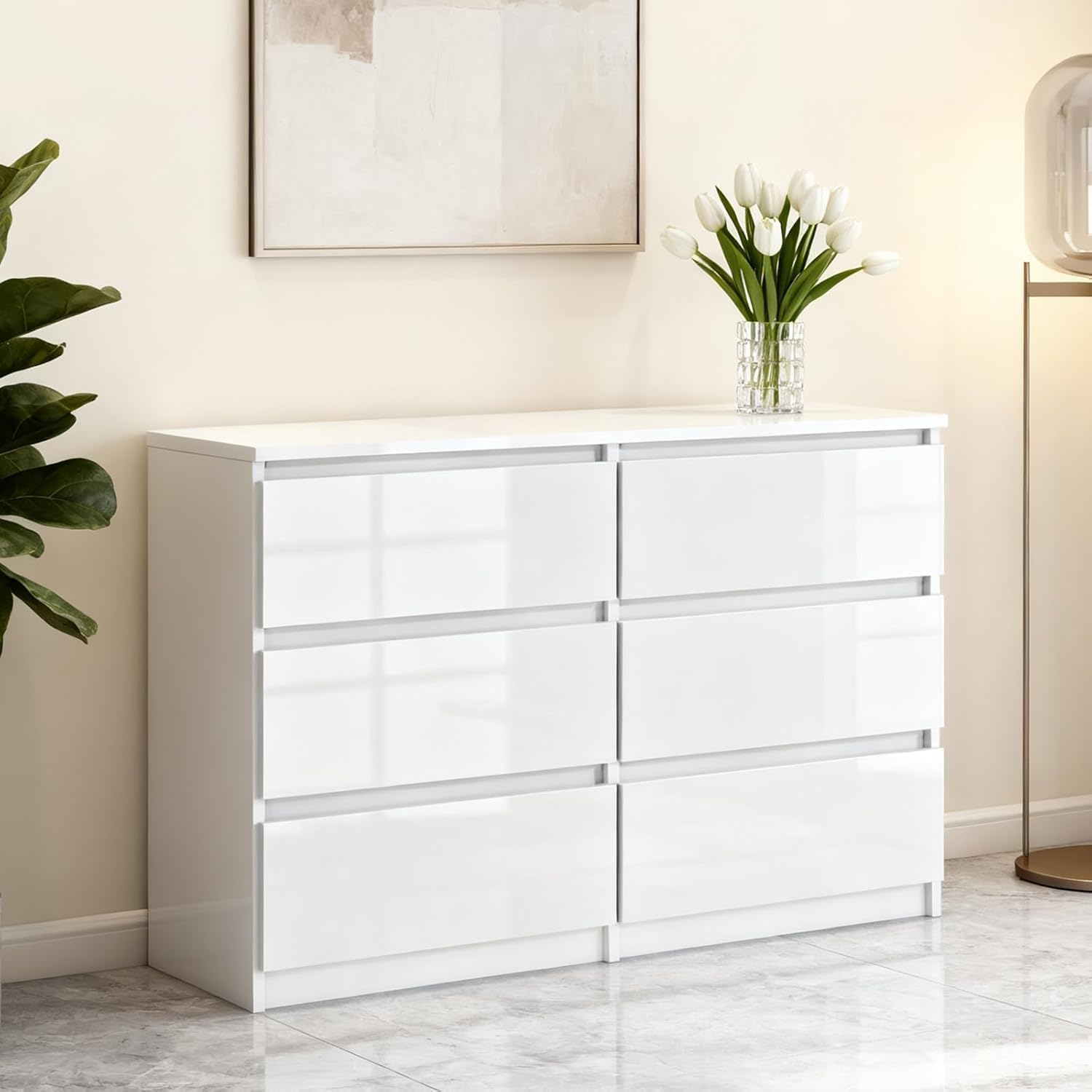 LSLIFE Weiße Schwarz Kommode mit 6/7/8 Schubladen Hochglanz Schlafzimmerschrank Nachttisch Sideboard Stauraum Möbel für Wohnzimmer Büro Flur (6 Schubladen weiß)