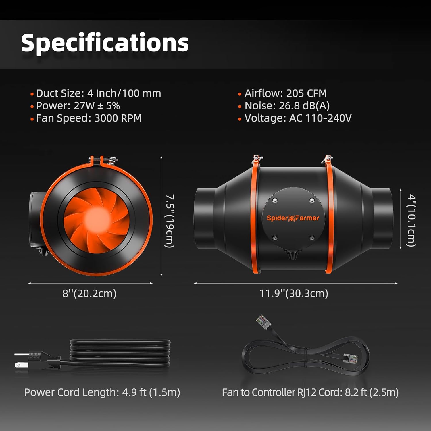 Spider Farmer Rohrventilator 100mm/4 Inch Abluftset mit GGS Temp Feucht Controller, Aktivkohlefilter Schlauch Abluft Lüfter, Belüftungssystem Lüftungsset für Growzelt, Growbox